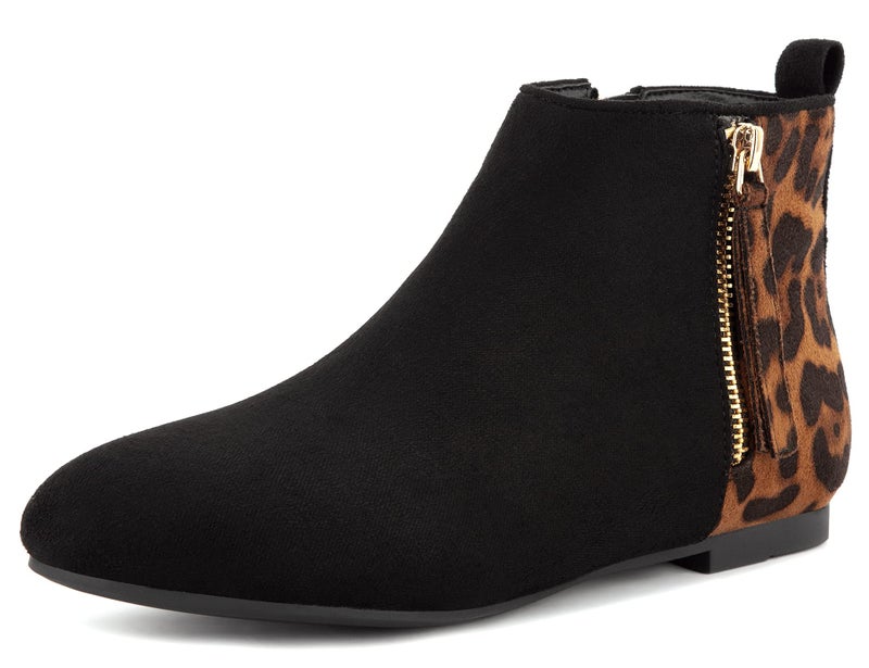 MaxMuxun Women's Ankle Boots Flat Low Heel Booties Ladies Quilted Fall Winter Fashion Boots with Side Zipper Leopard Faux Suede Size 6.5 - Image 1